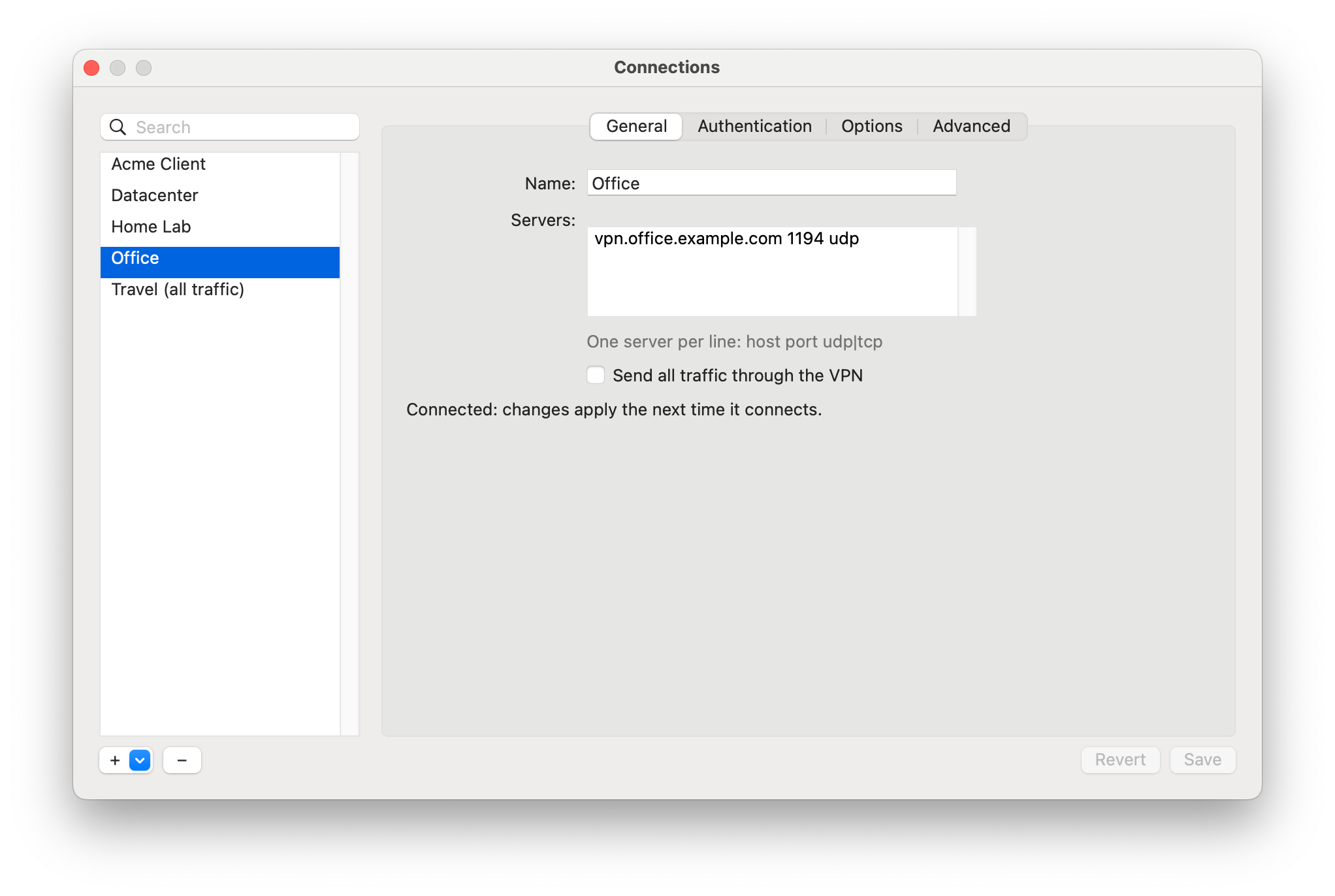 The Connections window, General tab