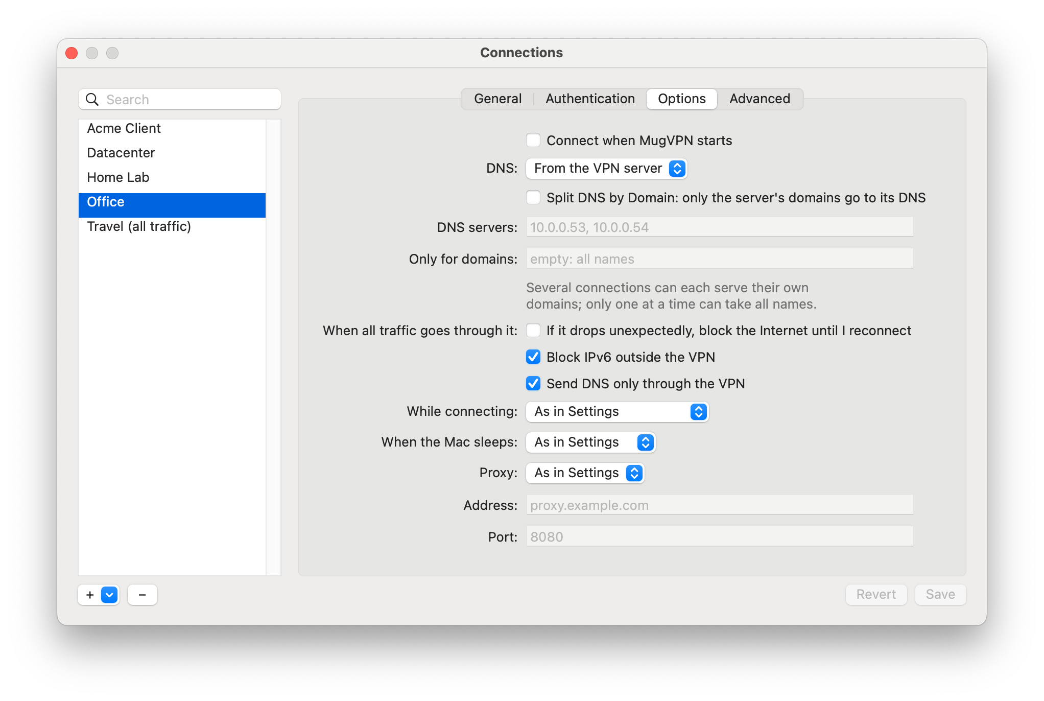 Options tab with DNS mode, split DNS, kill switch and leak protection