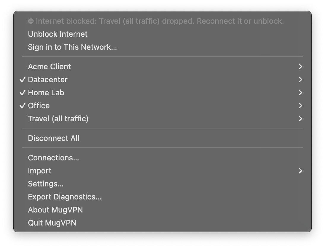 The menu after a kill switch fired: Internet blocked, Unblock Internet, Sign in to This Network