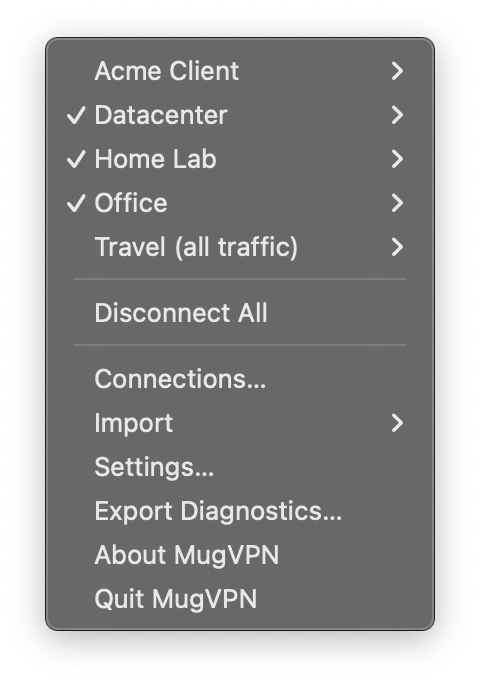The MugVPN menu with three VPN connections up at once