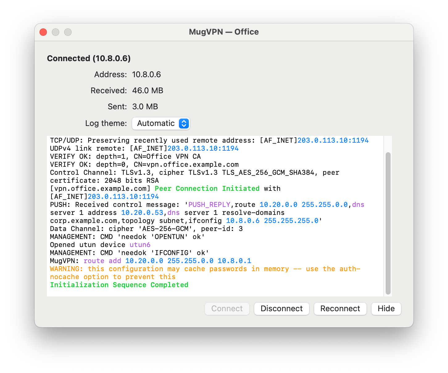 Status window with address, traffic and a coloured openvpn log