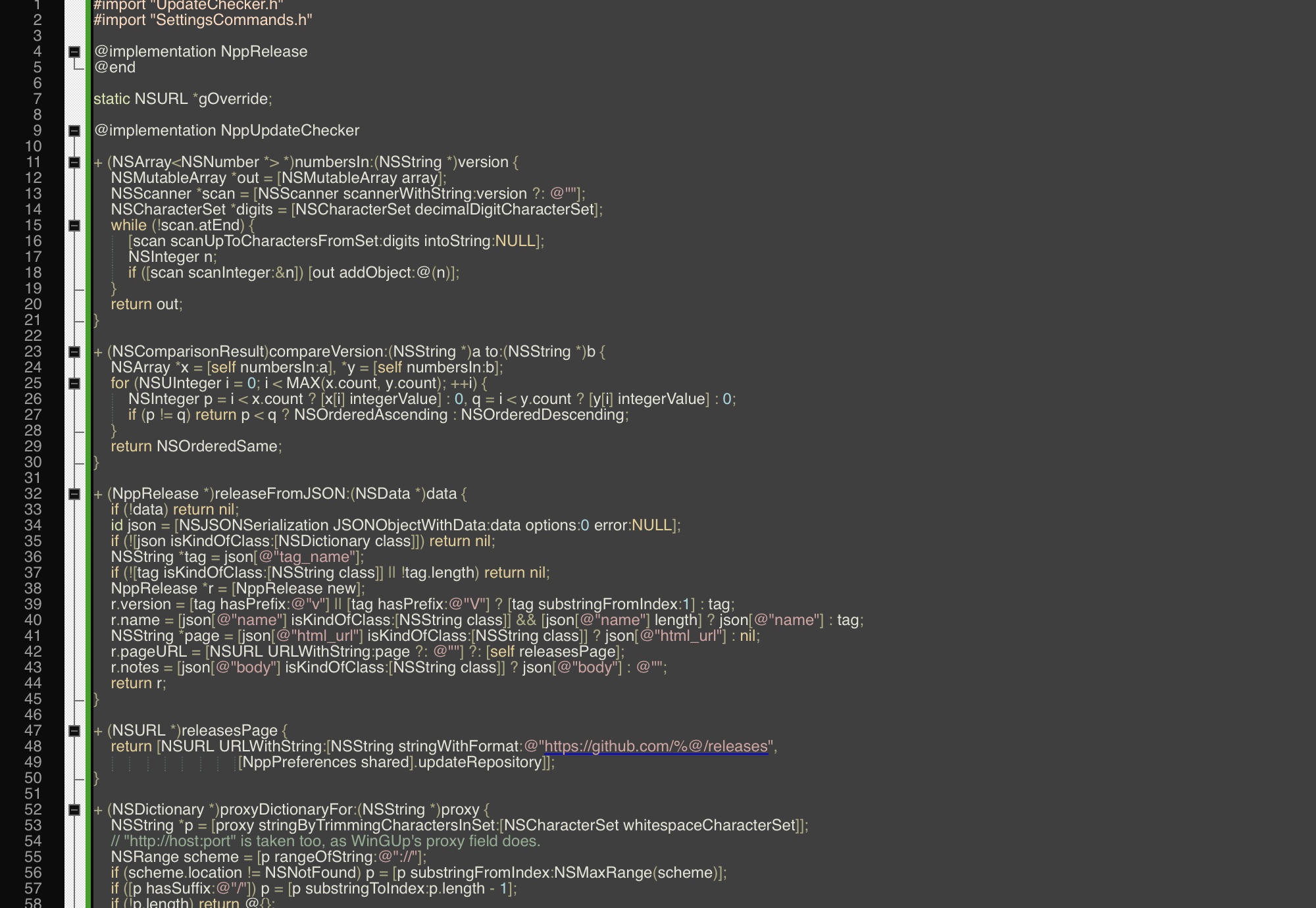 NotepadMac editing an Objective-C++ source file with syntax highlighting, line numbers and code folding, dark theme